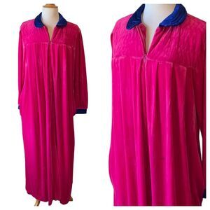 Vintage Christian Dior Pink & Blue 1970s Loungewear House Dress Robe - Large